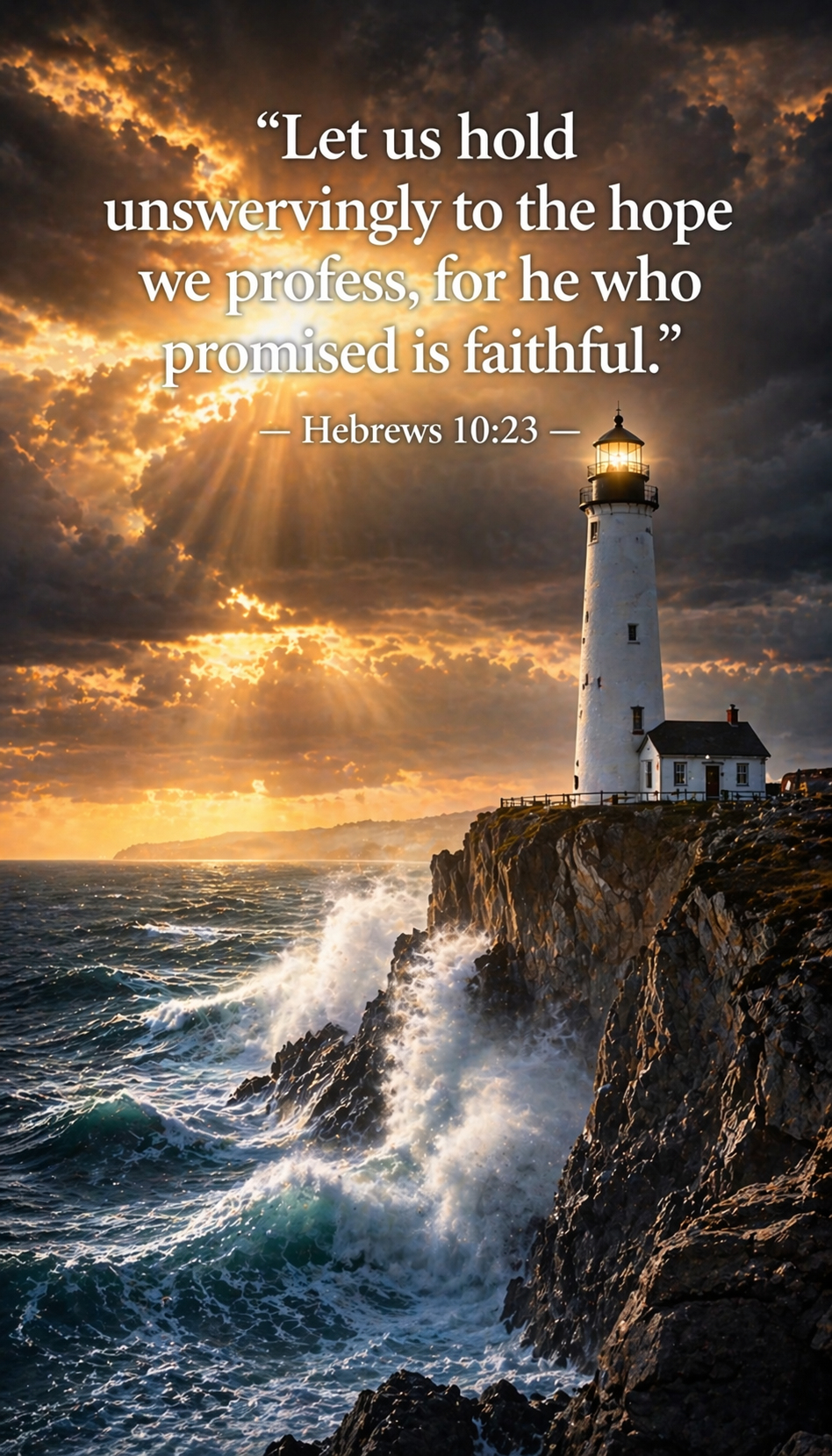 Lighthouse on rocky cliffs against dramatic stormy sea massive waves crashing golden light breaking through dark clouds -- Hebrews 10:23 vertical wallpaper